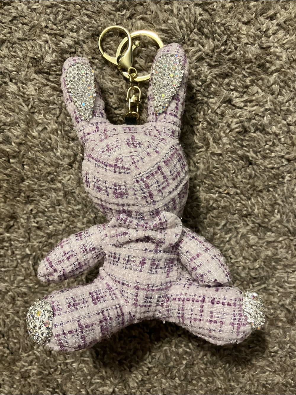 Plush Bunny Bag Charm/Keychain Lavender Plaid with rhinestones